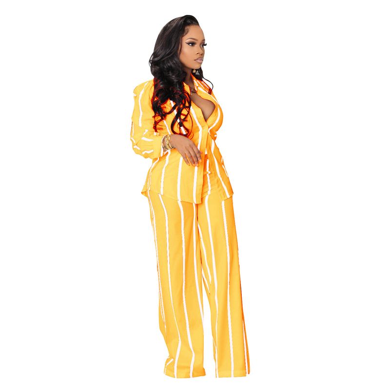 Elegantes, modisches, gestreiftes Zweiteiler-Set für Damen, langärmliges Hemdoberteil + Hose mit weitem Bein, passende Büro-Outfits_voghion.com