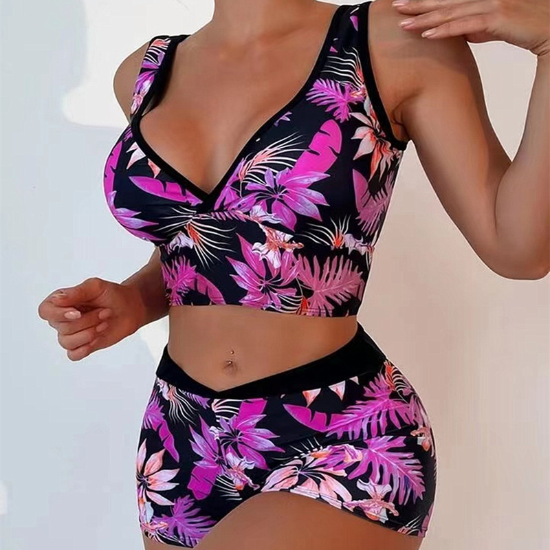2024 New Printed Skirt Conservative Women's Split High Waist Tankini Swimsuit_voghion.com