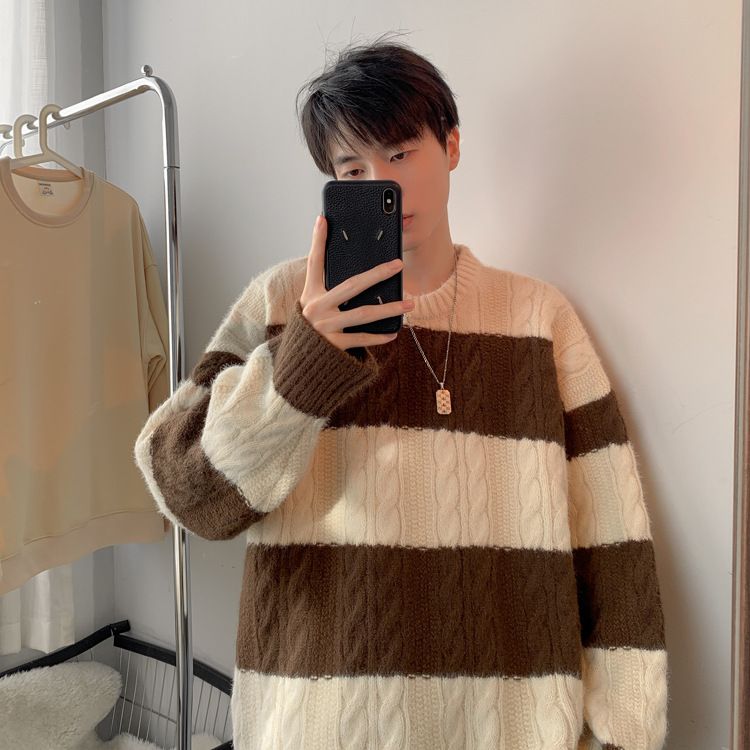 Maglione caldo versatile da uomo, in maglia a blocchi di colore, autunno inverno, a righe_voghion.com