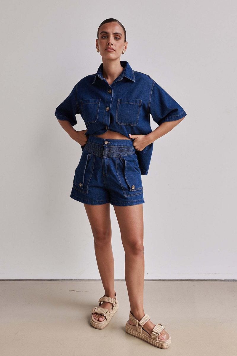 Roupas femininas verão feminino casual retro solto camisa jeans shorts conjunto_voghion.com