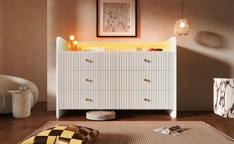 Buffet avec éclairage LED et 6 tiroirs, design ondulé moderne pour salon et chambre, 120 x 40 x 75 cm, blanc_voghion.com
