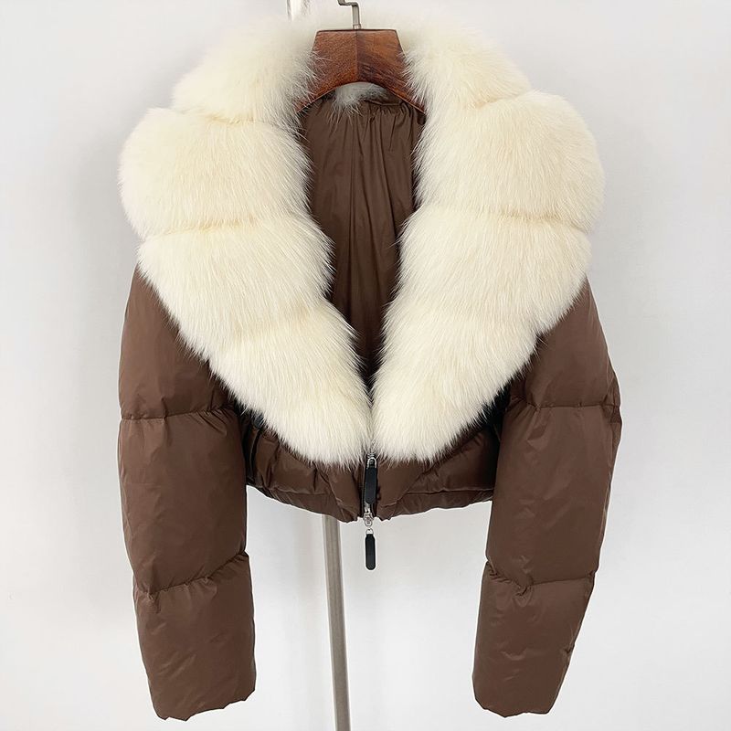 Damen-Winter-Pufferjacke mit Fuchspelzkragen, 90 % weiße Entendaunen, abnehmbare Kapuze, übergroße Passform, Wärme bei jedem Wetter_voghion.com