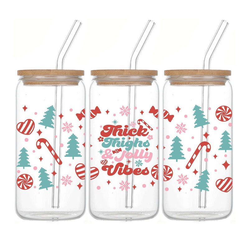Modern Minimalist Christmas Glass Tumbler Set (16oz) – Eco-Friendly Borosilicate Cups With Bamboo Lids & Glass Straws (2-Pack, Leak-Proof)_voghion.com