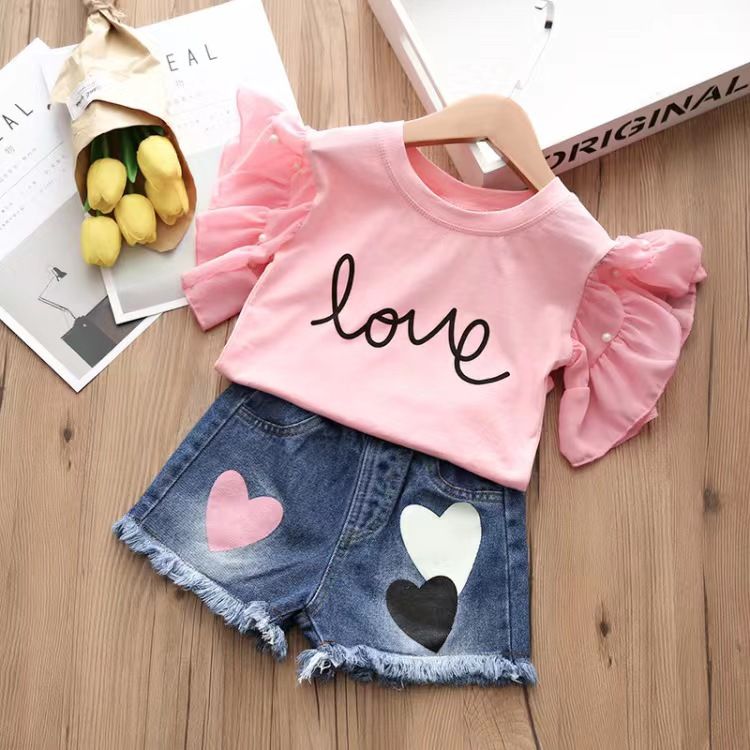 Abbigliamento per bambini Primavera ed estate nuovi completi per ragazze pantaloncini in denim per bambini + maglietta in modal a maniche corte abbigliamento per bambini in due pezzi_voghion.com