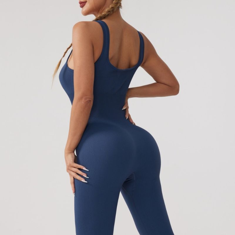 Seamless Knitted Ribbed Solid Color Bodysuit Tight Fitness Yoga Wear Flat Collar Sports One-piece Suit_voghion.com