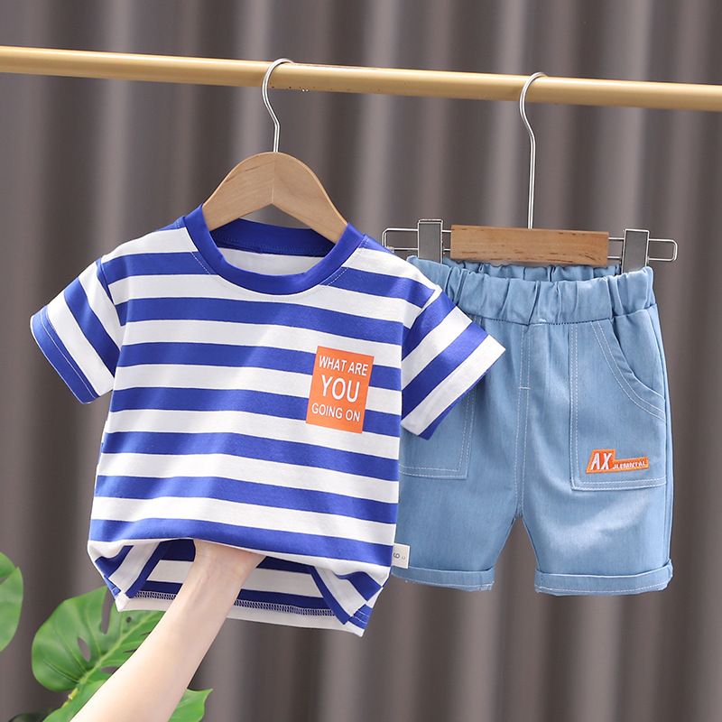 2024 Summer Trendy Korean Edition Boys and Girls Casual Cartoon Fashionable Striped Short Sleeve Shorts Set of Two_voghion.com