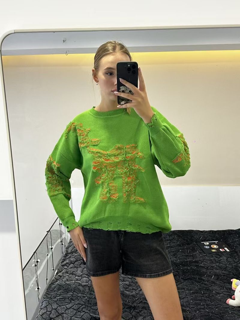 Pull à manches longues style décontracté pour femme, haut tricoté, ample et déchiré_voghion.com