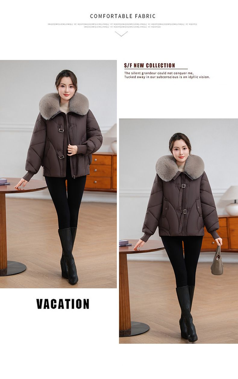 Casaco de inverno feminino com gola de pele sintética – Jaqueta curta e leve, grossa, com caimento solto, estilosa e quente para tamanhos pequenos e grandes_voghion.com