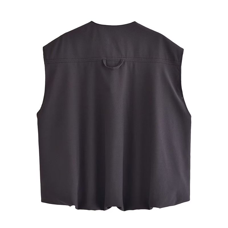 Gilet streetwear tendance à ourlet volanté - Polyester tissé léger, col rond, fermeture éclair sur le devant - Jaune, noir, gris clair, vert kaki (S/M/L/XL)_voghion.com