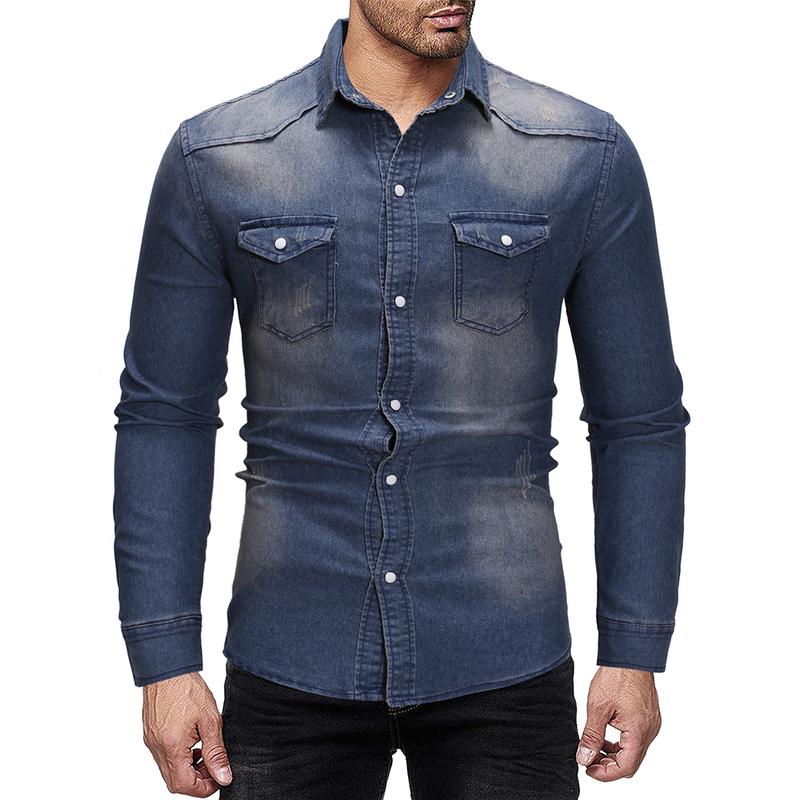 Herrenbekleidung Vintage einfaches langärmeliges Jeanshemd für Herren in Übergröße_voghion.com