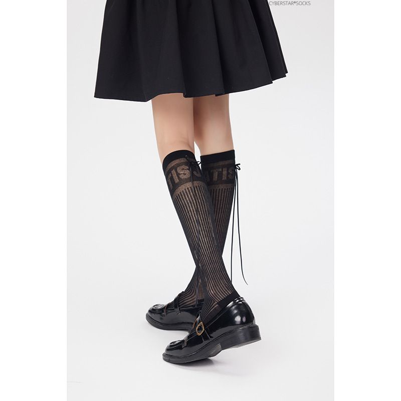 2025d Miu Style Sheer Socks Women, Mid-Calf Knee-High, With Holes, Bowknot, Ribbon, Runway Thin Design For Spring And Autumn_voghion.com
