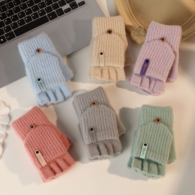 001 Winter Solid Color Wool Warm Outdoor Skiing Cold-Proof Flip Thickened Cute Knitted Fingerless Gloves_voghion.com