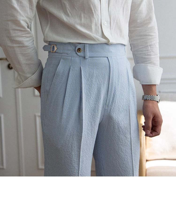 Herrkläder 2024 Sommar Nya Nisch Randiga Kostymbyxor Casualbyxor Herrmode Trend Raka Mångsidiga Långbyxor_voghion.com