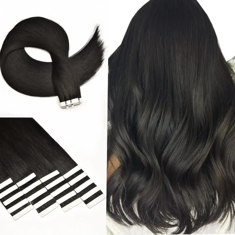 Tape in Extensions Echthaar Schwarzes Tape in Remy Seamless Skin Weft Unsichtbares doppelseitiges Klebeband_voghion.com