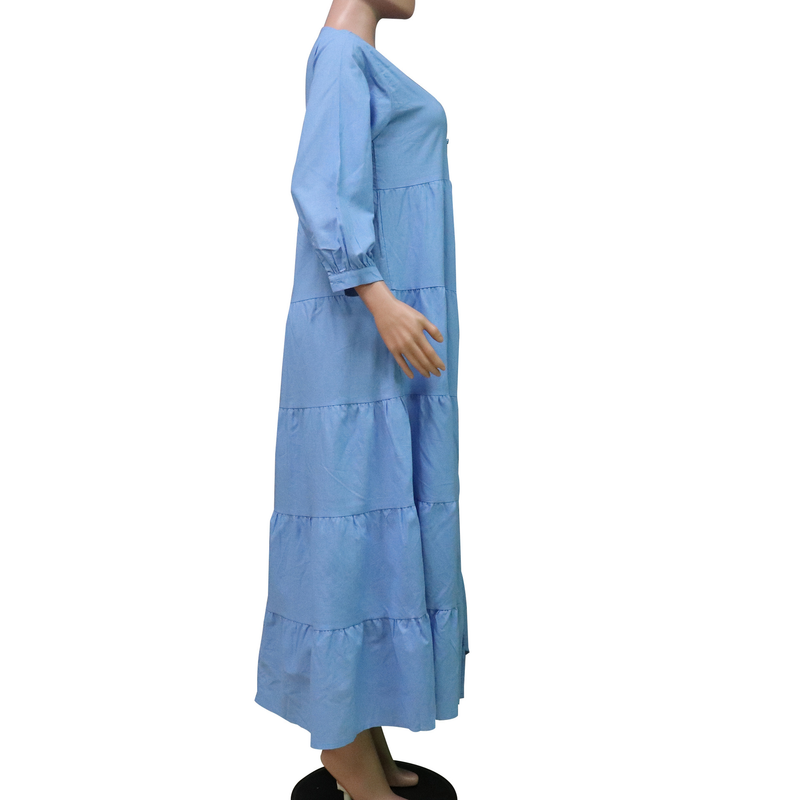 Damenbekleidung, einfarbig, V-Ausschnitt, langärmelig, böhmisches Baumwoll-Hanf-Kleid_voghion.com