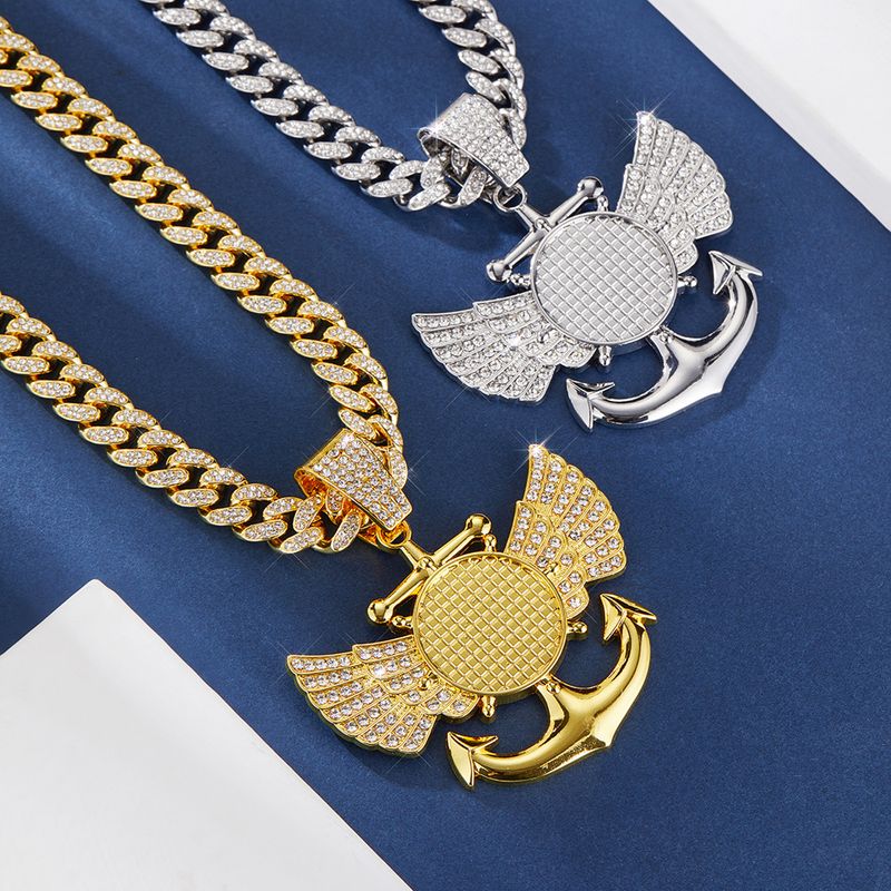 Photo Frame Wings Anchor Full Diamond Creative Design Alloy Rhinestone Cuban Chain Pendant Hip Hop Accessories_voghion.com