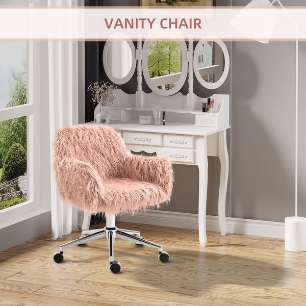 Vinsetto Faux Fur Desk Chair, Swivel Vanity Chair With Adjustable Height And Wheels For Office, Bedroom, Pink_voghion.com