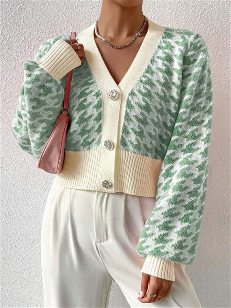 Dameskleding herfst en winter patroon lantaarn mouw gebreide cardigan trui korte jas_voghion.com