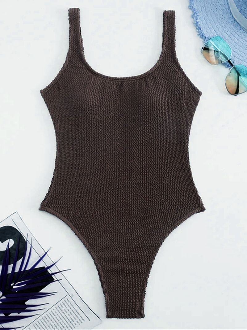 Maillot de bain une pièce à rayures et vagues de couleur unie pour femme, bikini conservateur couvrant le ventre, maillot de bain de plage_voghion.com