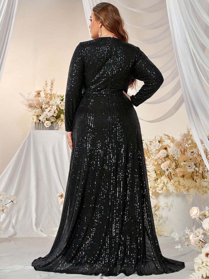 Elegant Plus Size Evening Gown With Sequins - V-Neck Long Sleeve Formal Dress For Wedding, Banquet & Special Occasions (Blue/Black/Wine Red, 0XL-5XL)_voghion.com