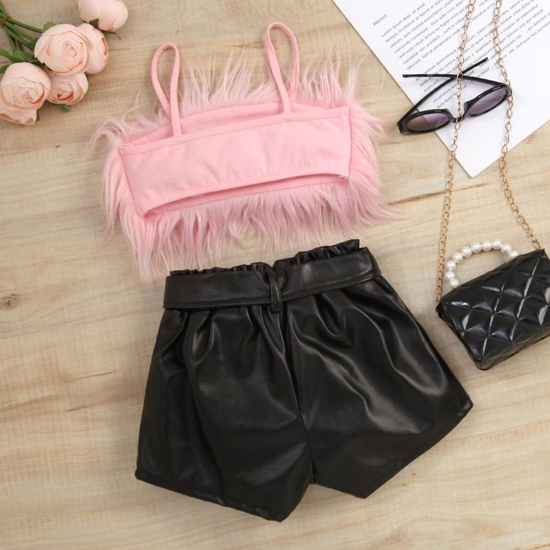 Mother&Kids Girls' halter top solid color open bag leather pants furry set with belt_voghion.com