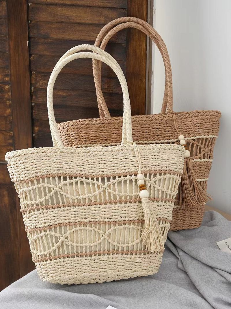 Hollow out paper rope woven bag, fashionable one shoulder grass woven bag, casual women's bag, beach bag with large capacity_voghion.com