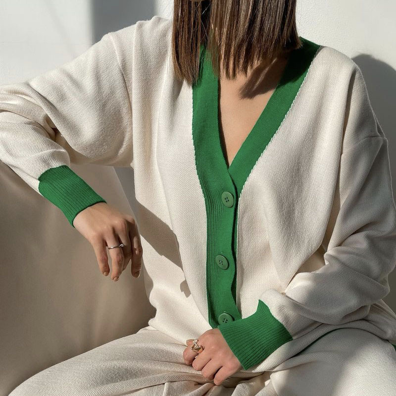 Damenbekleidung, lockerer, verdickter Patchwork-Pullover für Damen, rosafarbener, fauler Stil, kontrastierende Strickjacke_voghion.com