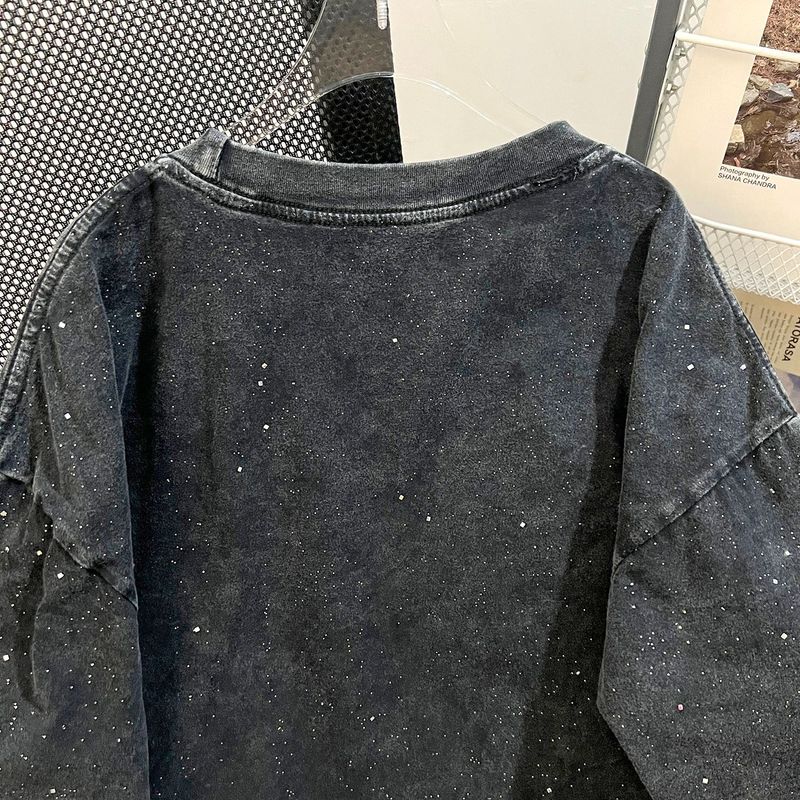 Maglietta oversize da donna in puro cotone lavato, modello American High Street, con cielo stellato e maniche corte_voghion.com