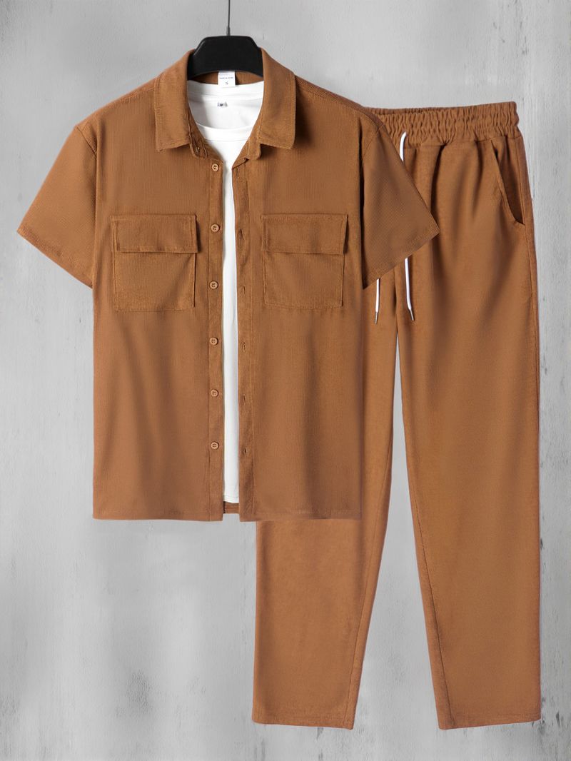 Men's Plus Size Corduroy Short Sleeve Shirt & Pants Set - Summer Casual Outfit With Button Front & Pockets (White, Black, Navy, Beige, Caramel)_voghion.com