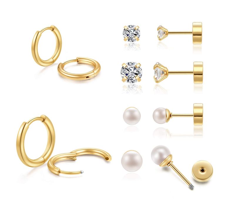 Set di gioielli da donna alla moda, in vero oro, in ottone galvanizzato, alla moda, semplice, versatile, con perle e orecchini a bottone._voghion.com