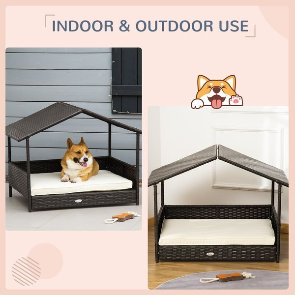 PawHut Wicker Dog Bed Outdoor Elevated With Rattan Canopy Cushioned PE Rattan Dog Cat House Sleeping Pad Cream_voghion.com