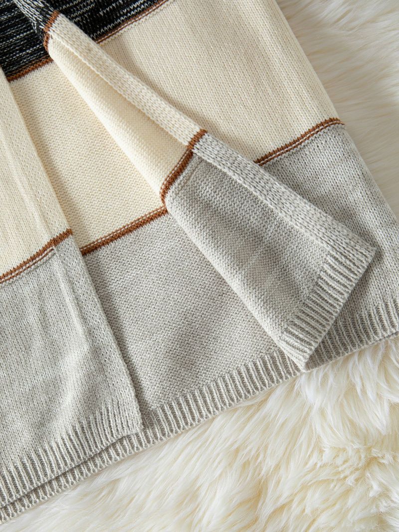 Women's Longline V-Neck Cardigan - Stripe & Color-Block Open Front Knit Sweater (Gray)_voghion.com