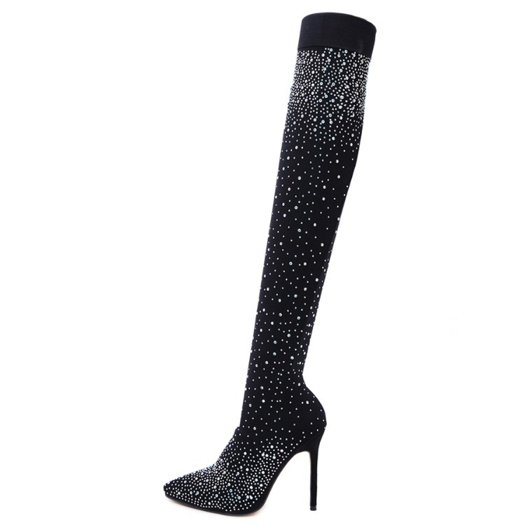 Diamante Knee Long Tube Socks High Heel Rhinestone Pointed Toe Over-the-Knee Boots_voghion.com