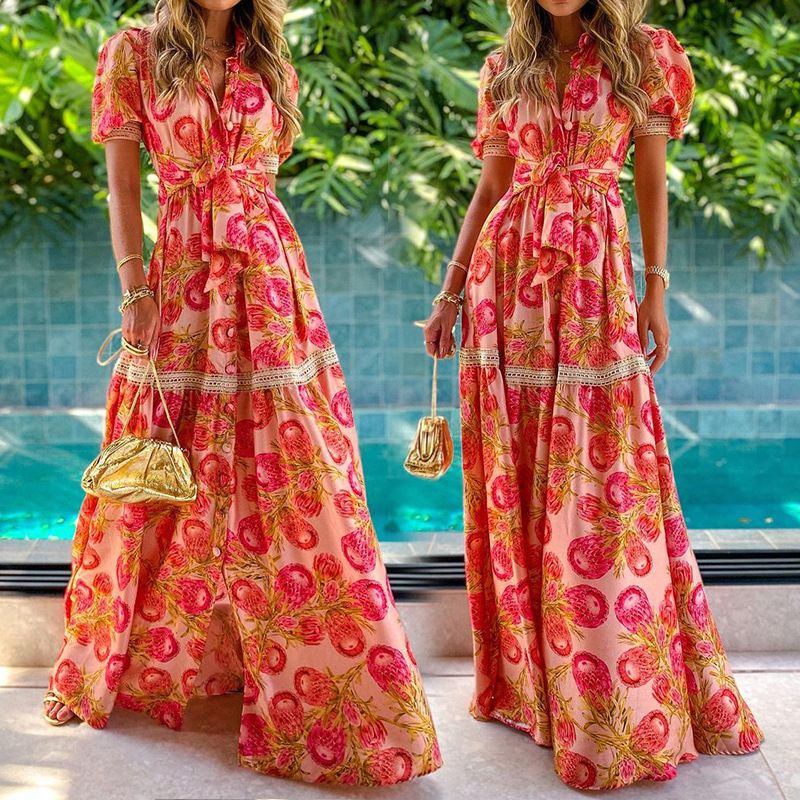 Damenbekleidung Temperament Kurzarm bedrucktes langes böhmisches Kleid_voghion.com