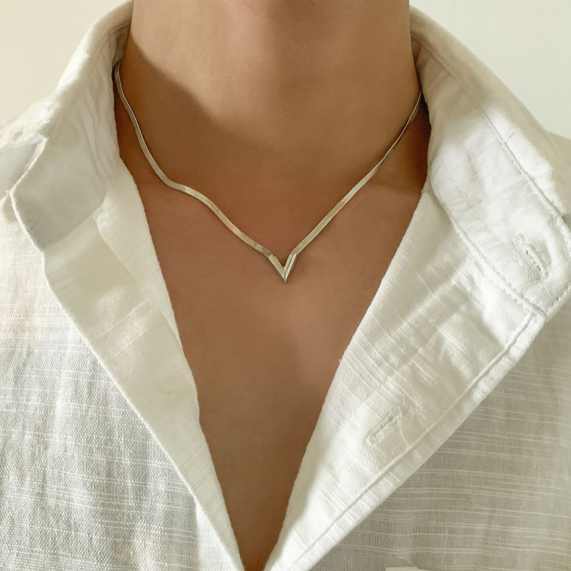 Qianbihe Adjustable Extended Chain Oblate Men V-shaped Charm Choker Necklace Jewelry Accessories-Sier_voghion.com