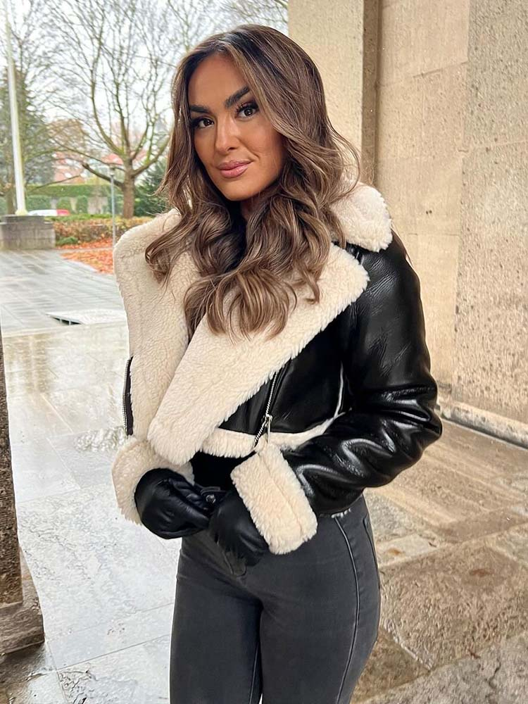KLKXMYT TRAF kobiety 2023 moda gruby ciepły sztuczny shearling krótka kurtka płaszcz Vintage z długim rękawem zamek damska odzież wierzchnia_voghion.com