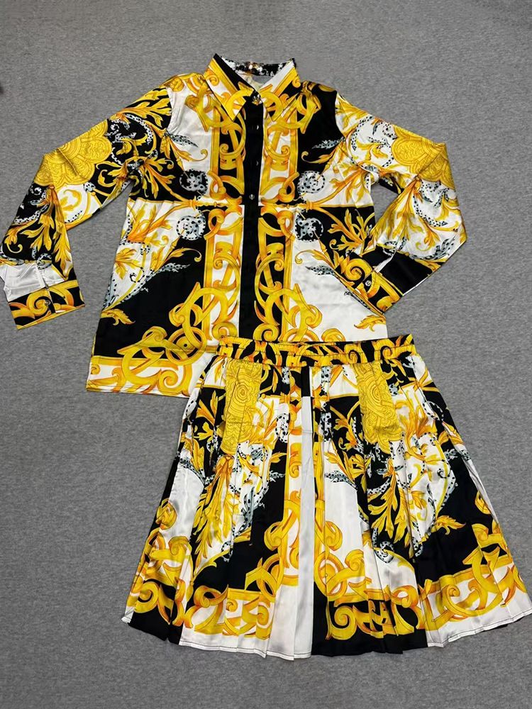 Vêtements pour femmes, chemise à revers à imprimé géométrique, costume deux pièces, taille élastique, jupe plissée_voghion.com