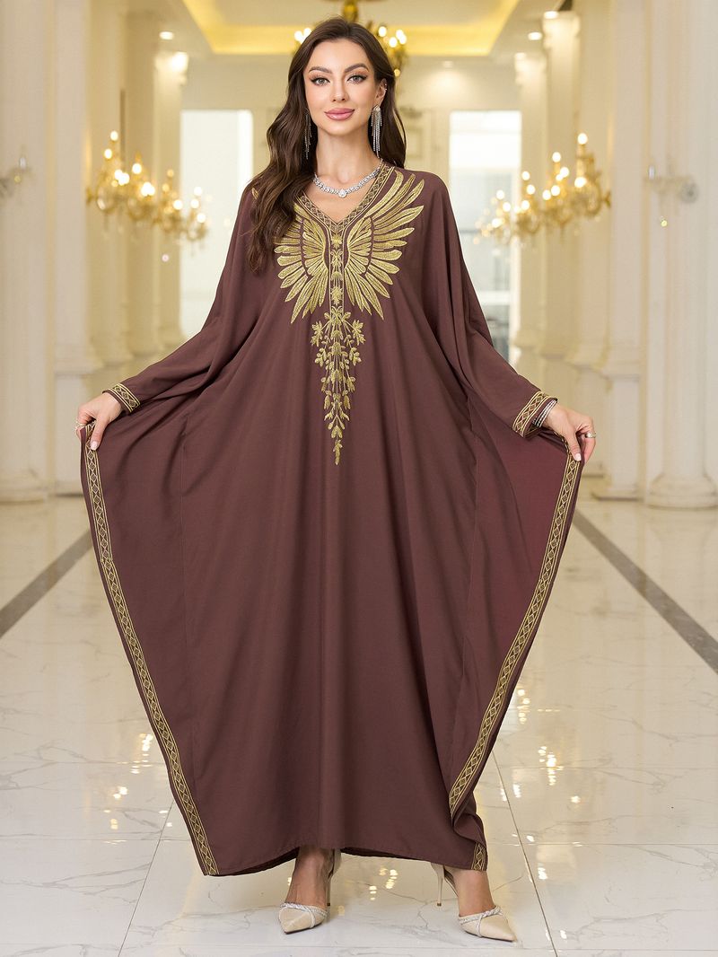 Robe de plage fluide pour femme – Broderie en coton, coupe ample, cache-maillot (marron/noir, taille unique)_voghion.com