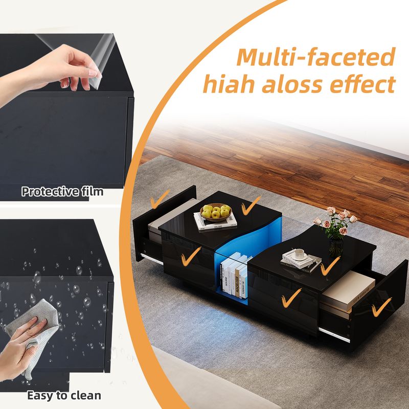 Table basse moderne à LED avec 2 tiroirs, 100 x 50 x 35 cm, plateau en acrylique noir brillant avec éclairage LED, table d'appoint en MDF pour salon et chambre._voghion.com