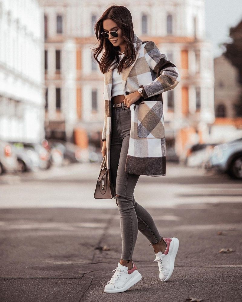 Cappotto in misto lana a quadri a maniche lunghe – Giacca in tweed con bottoni per donna (cachi/marrone, S-XXL)_voghion.com