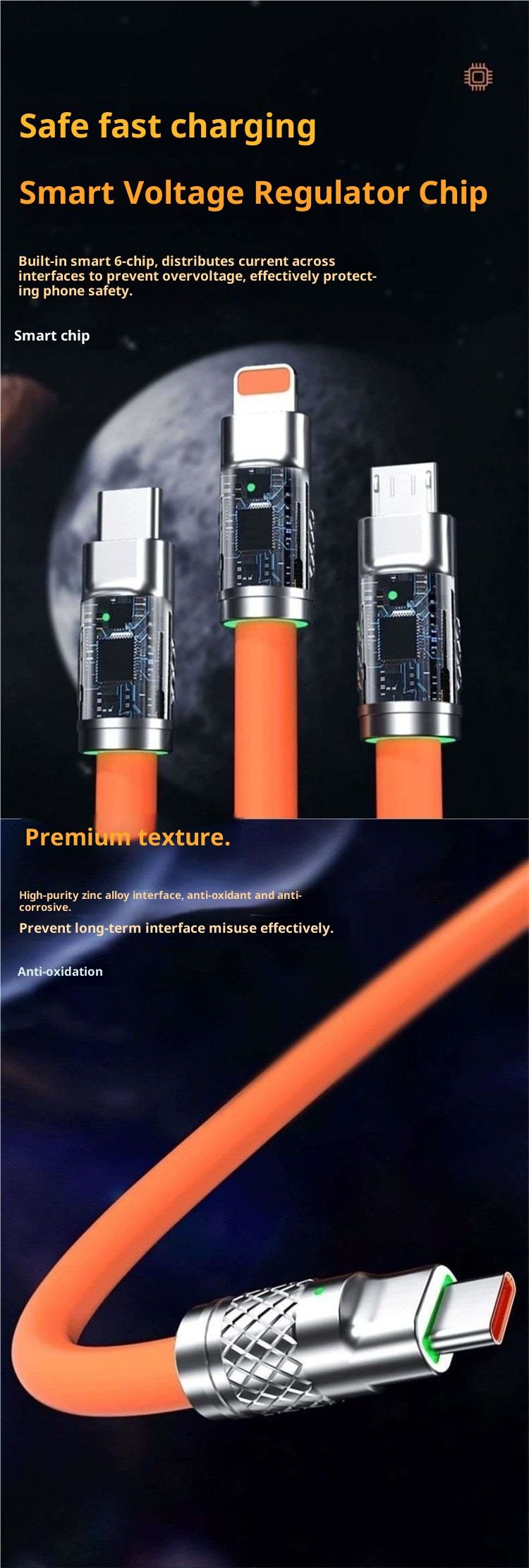 Câble de charge Digitex Bold 240W Flash Data 3-en-1 compatible avec les téléphones portables Huawei, VIVO, Xiaomi et OPPO (6 A)_voghion.com