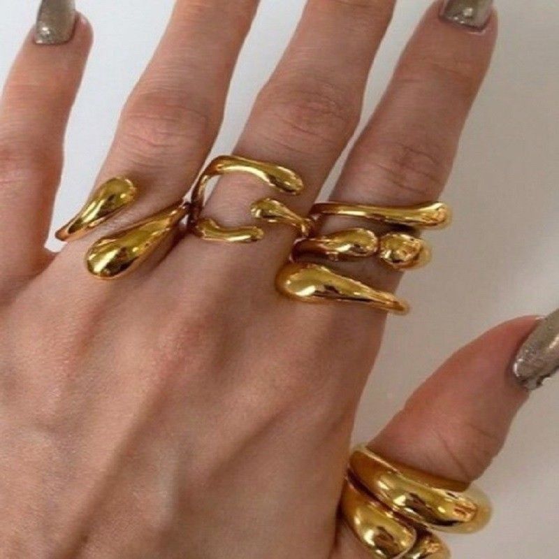 Unique Metal Texture Glossy Ring Set Exaggerated Geometric High-end Rings_voghion.com
