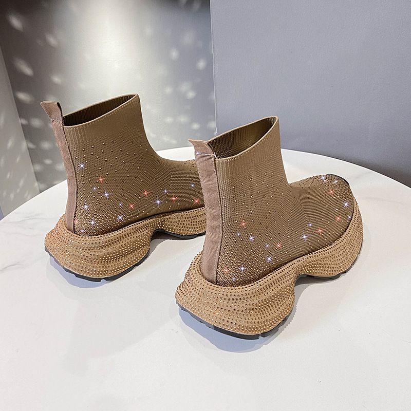 Gestrickte Sockenstiefel für Damen mit Strasssteinen, Slip-On-Sneakers mit dicker Sohle, atmungsaktive, elastische High-Top-Booties für Sommer, Frühling und Herbst_voghion.com