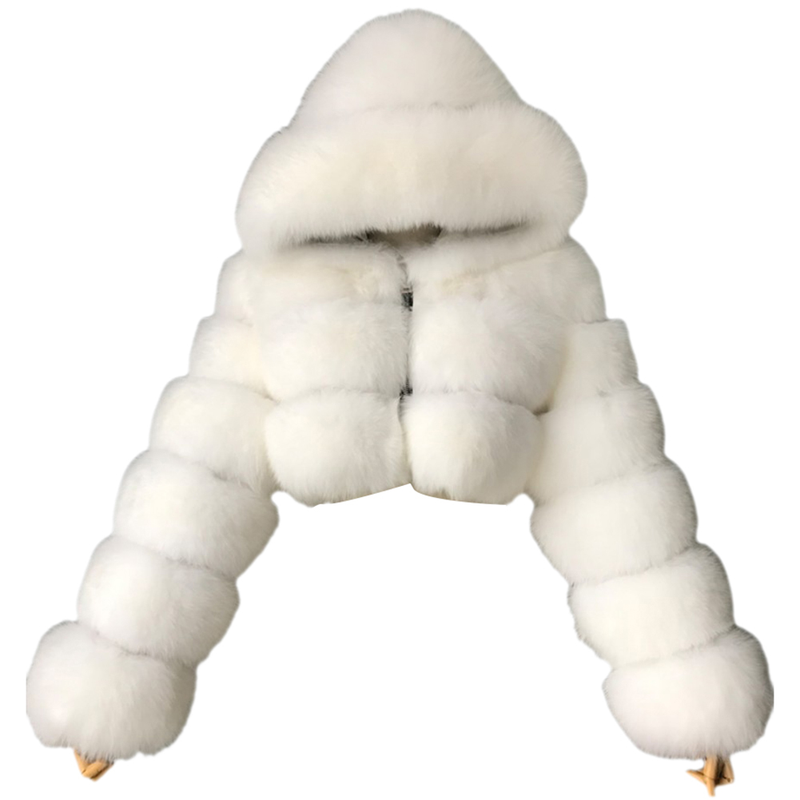 Lös tjock päls Plyschjacka Kvinnor Flickor Mode Vinter Fuskpäls Beskuren kappa Fluffig Zip Huva Varm Kort jacka_voghion.com