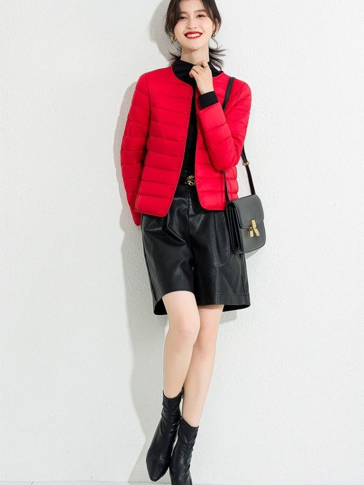 K Women's New Style Round Neck Cotton Padded Jacket, Slim Fit Base Layer, Solid Color Slimming Warm Short Lightweight Cotton Coat._voghion.com