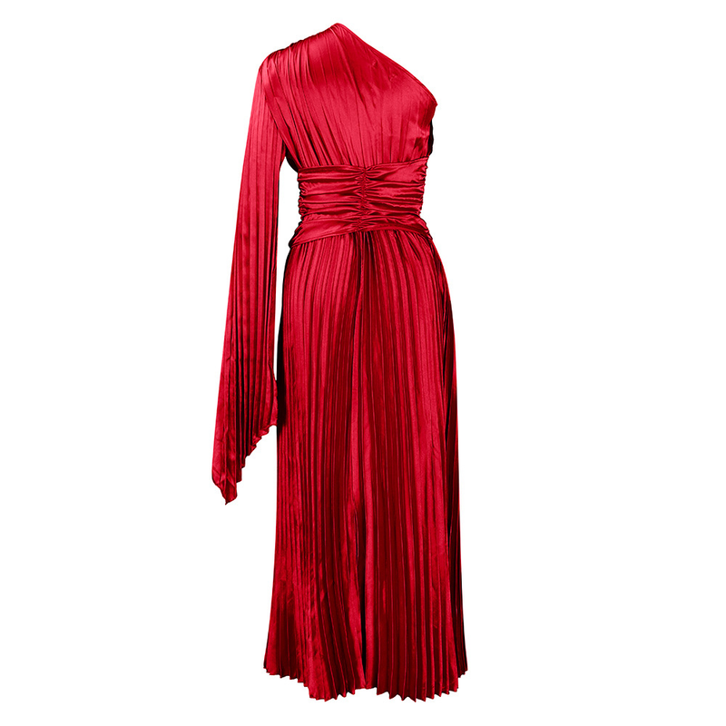 women's clothing new one-shoulder pleated long skirt oblique collar waist dress _voghion.com