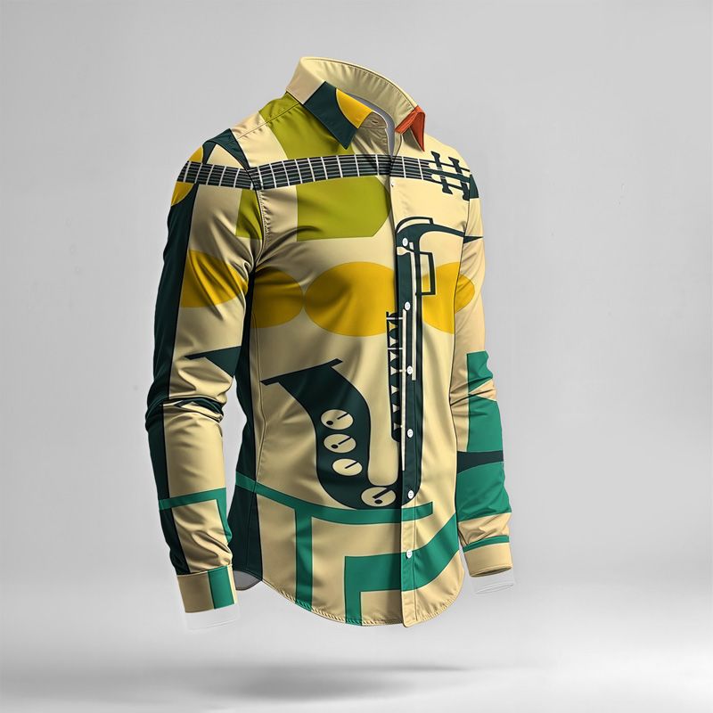 2025 Spring Summer Men Shirt Set Geometry Print Fashion Abstract Two Piece Set Mens Cat Lightweight Party Long Sleeves Suit Casu_voghion.com