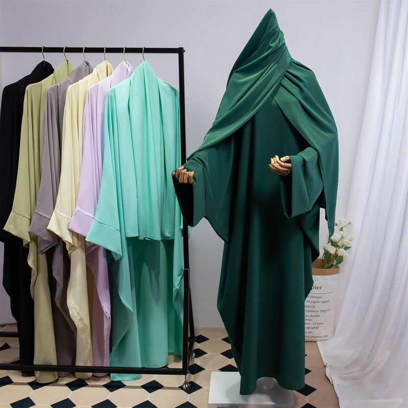 Dammekleeder Einfarweg Arabesch Kleed Fraekleed mat Kappduch Abaya Casual Loose Fliedermausärmel Robe_voghion.com