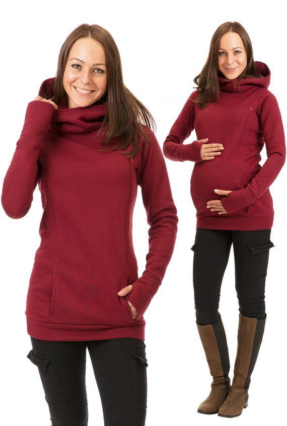 2024 Herbst/Winter Neue Stillkleidung - Verdickter Plüsch-Kapuzenpullover für Schwangere, Lange Ärmel, Freiliegende Hälfte_voghion.com