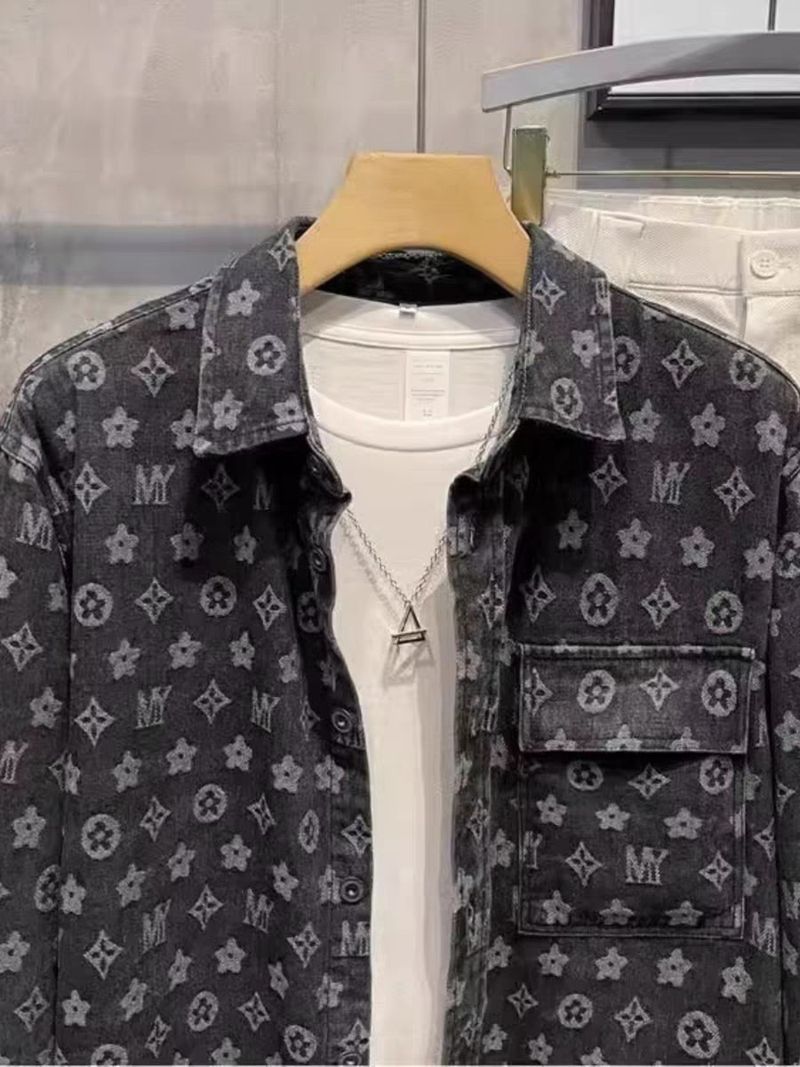 Herretøj Denimjakke til mænd Efterår Trendy Print High Street Løs Alsidig jakke_voghion.com